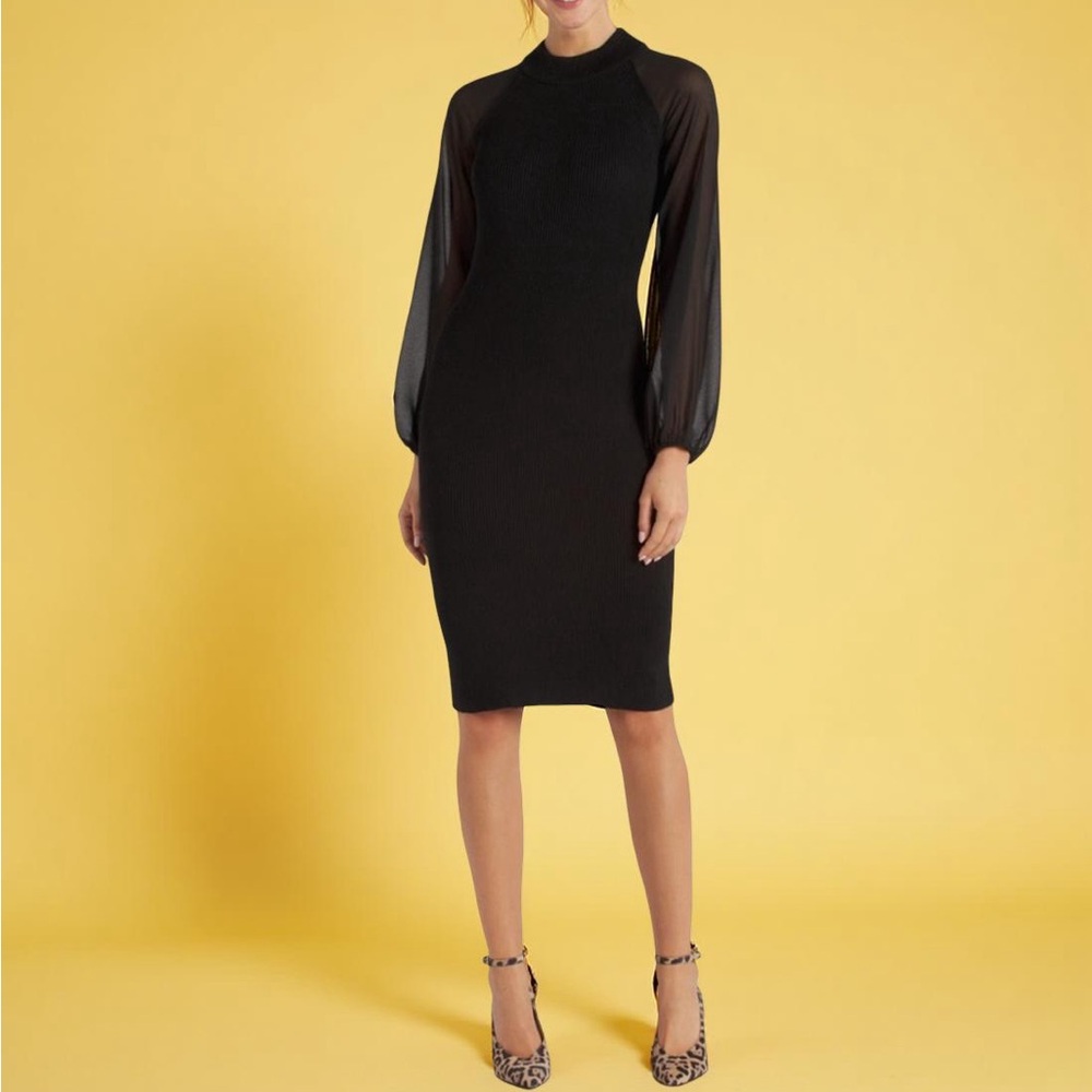 LONDON TIMES Gilligan Midi Dress Large Black, blouson bishop sleeves